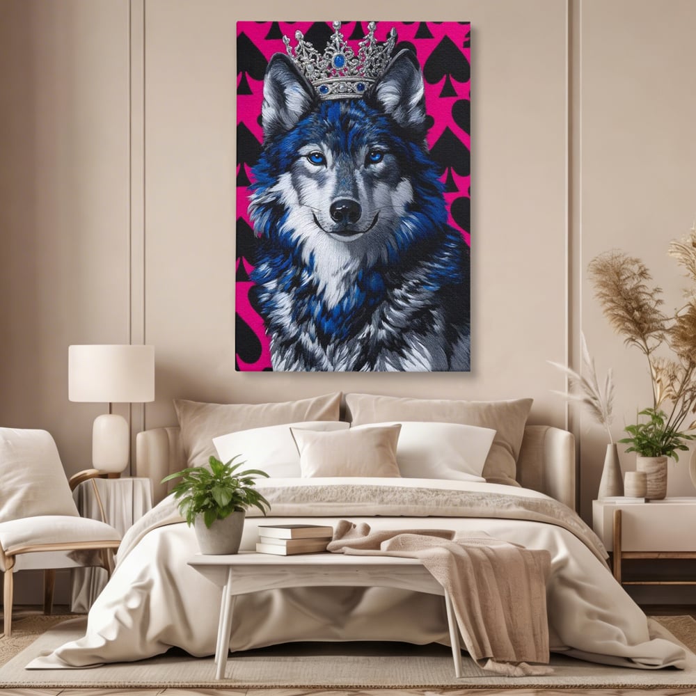 Tablou canvas cu tablou canvas cu lup incoronat, fara rama, pe sasiu de lemn, pe perete intr-un dormitor